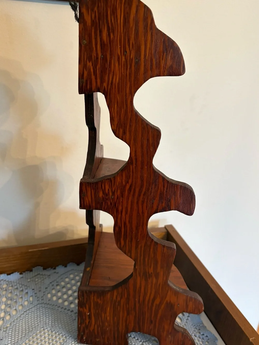Vintage 1970’s Wooden Corner DisplayTrinket Shelf with 3 Tiered Design.